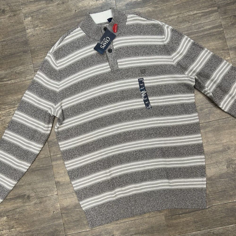 NWT CHAPS Men Grey Striped Mock Neck Sweater Size XLT Suede Elbow Patches